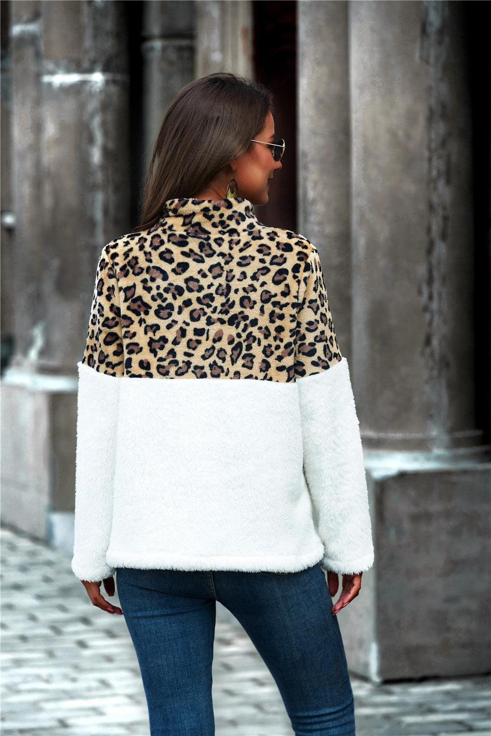 Leopard Color Block Half-Zip Collar Teddy Sweatshirt - BELLATRENDZ