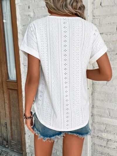 Eyelet Round Neck Short Sleeve T-Shirt