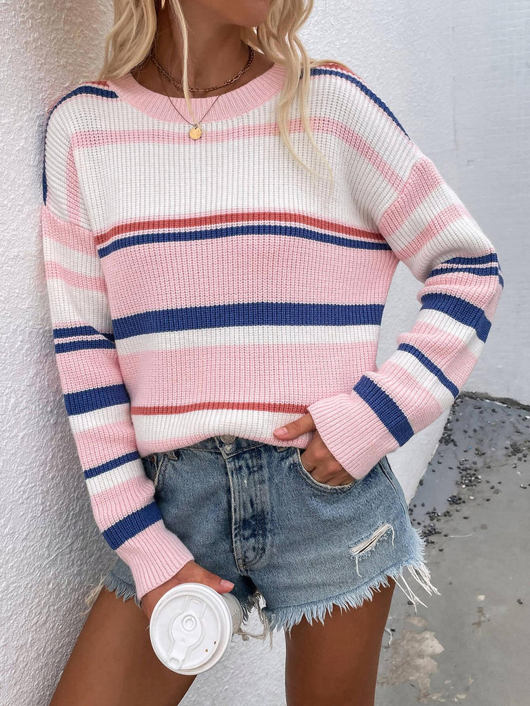 Striped Drop Shoulder Round Neck Pullover Sweater - BELLATRENDZ