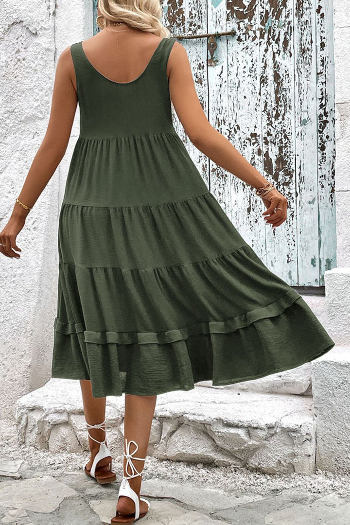 Decorative Button Scoop Neck Tiered Sleeveless Dress