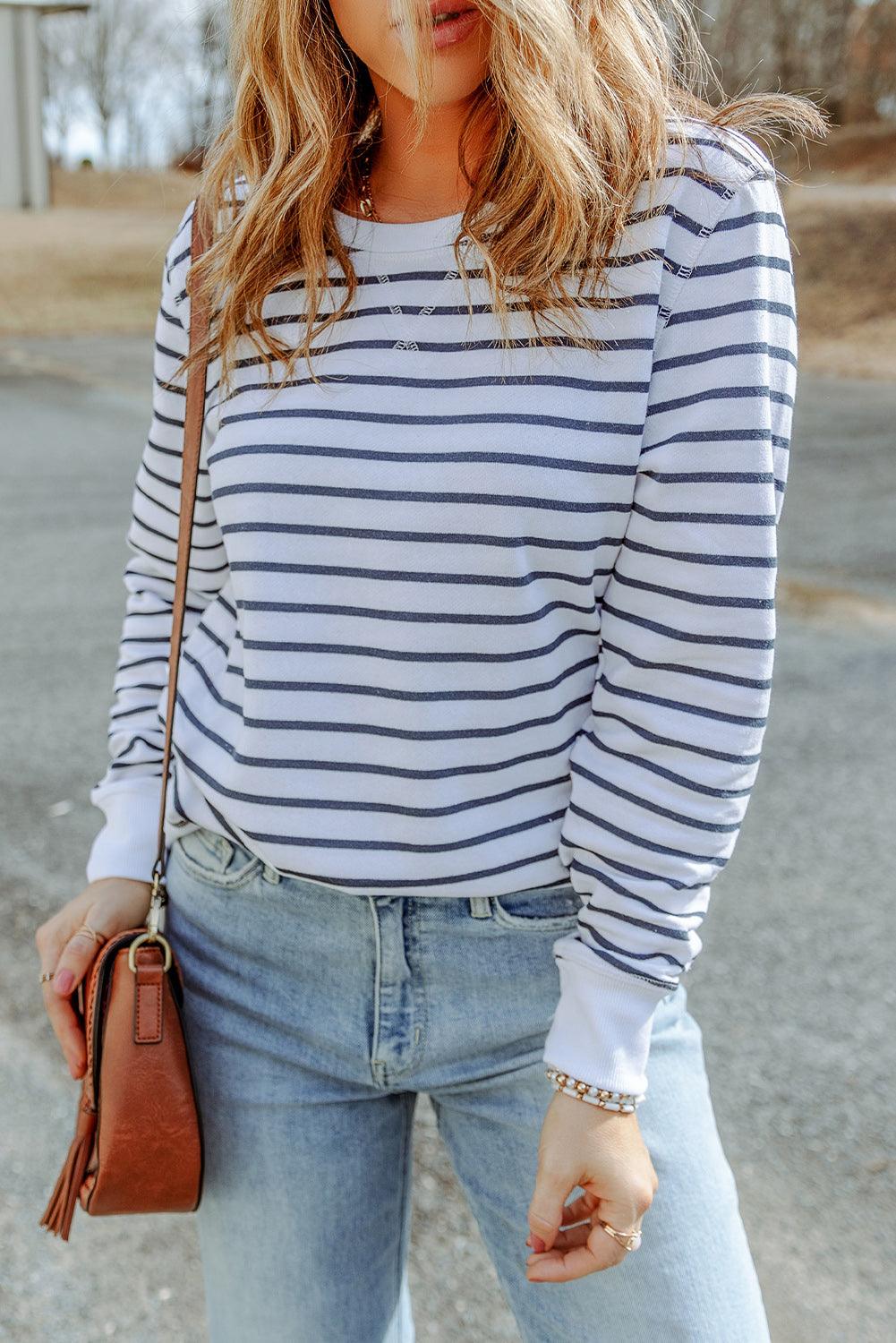 Striped Long Sleeve Round Neck Top - BELLATRENDZ