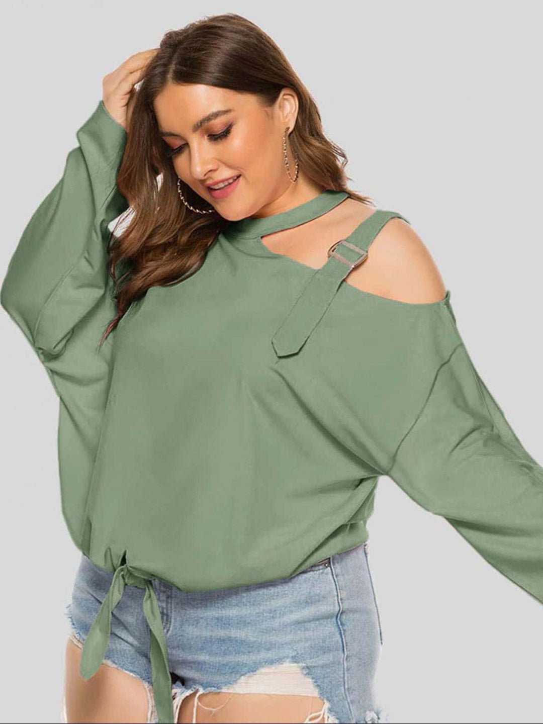 Plus Size Cold-Shoulder Tied Top - BELLATRENDZ