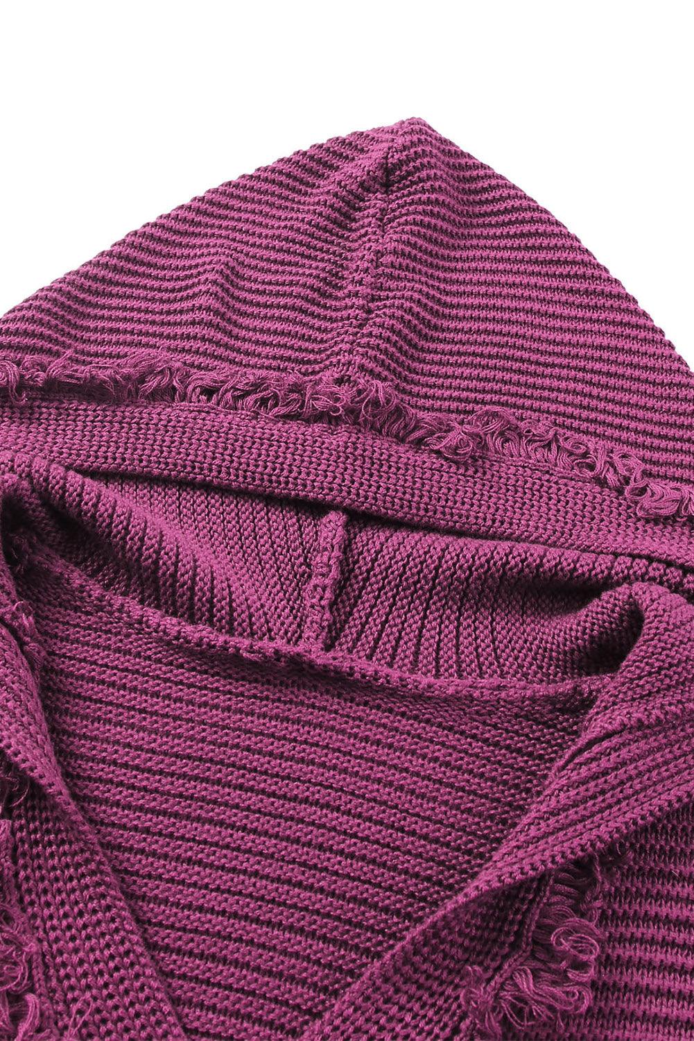 Horizontal Ribbing Fringe Trim Hooded Sweater - BELLATRENDZ