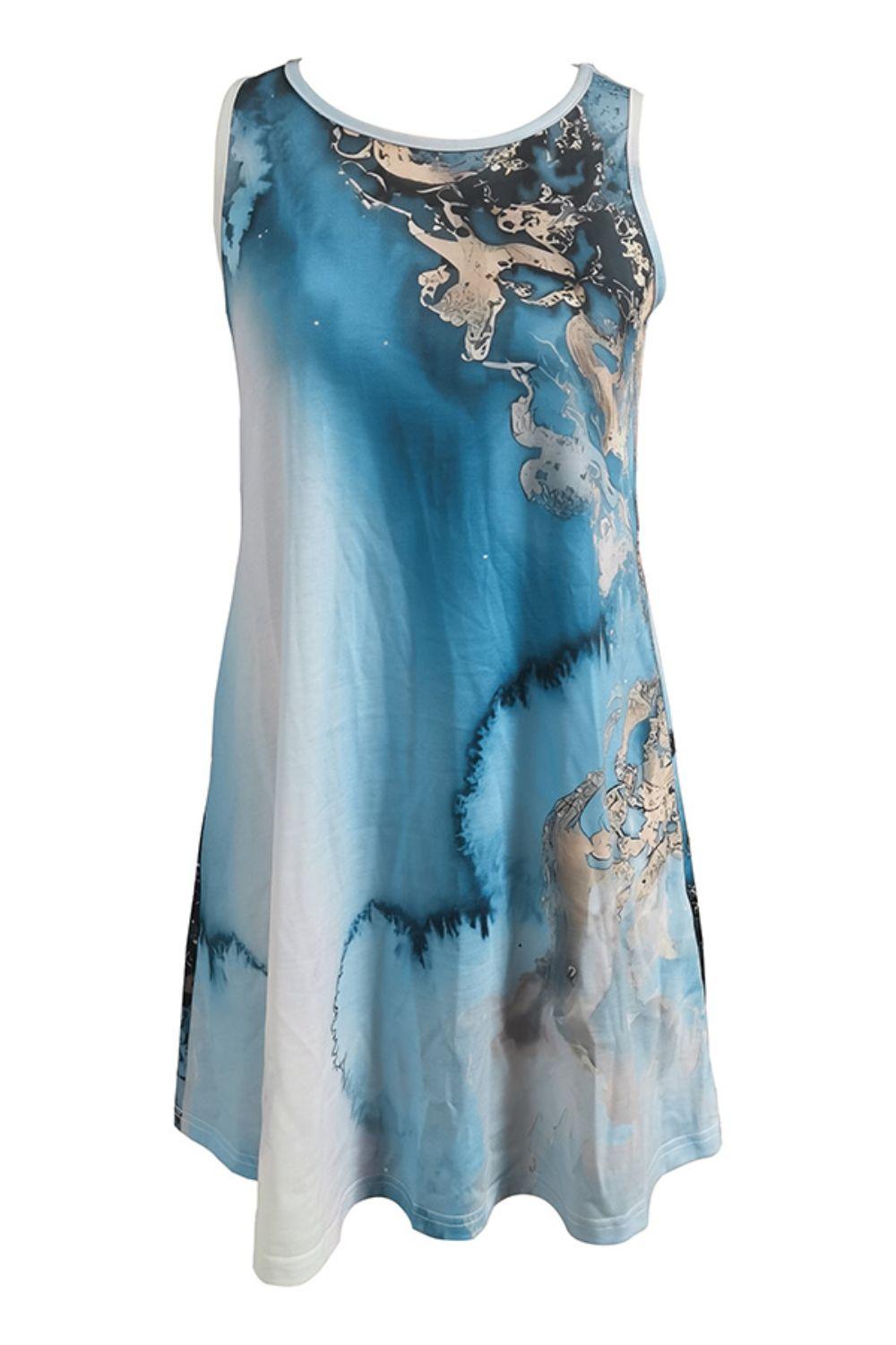 Abstract Print Round Neck Sleeveless Dress with Pockets - BELLATRENDZ
