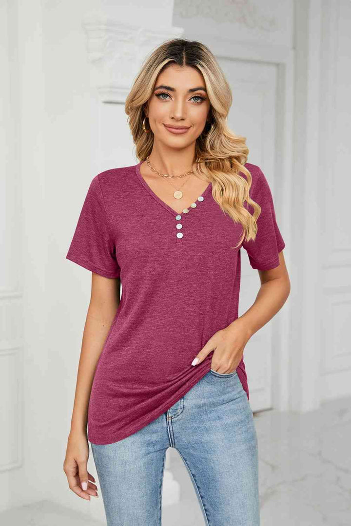 Decorative Button V-Neck T-Shirt