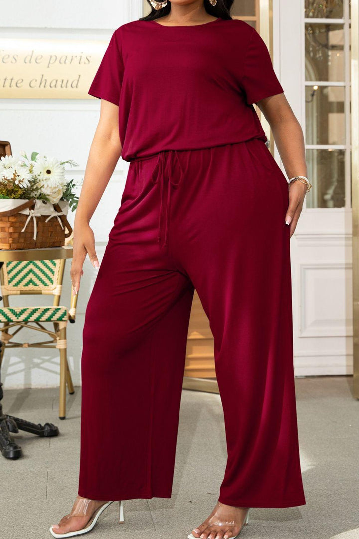 Plus Size Drawstring Waist Short Sleeve Jumpsuit - BELLATRENDZ