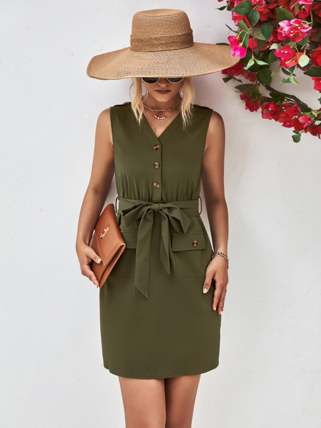 Buttoned V-Neck Belted Sleeveless Dress