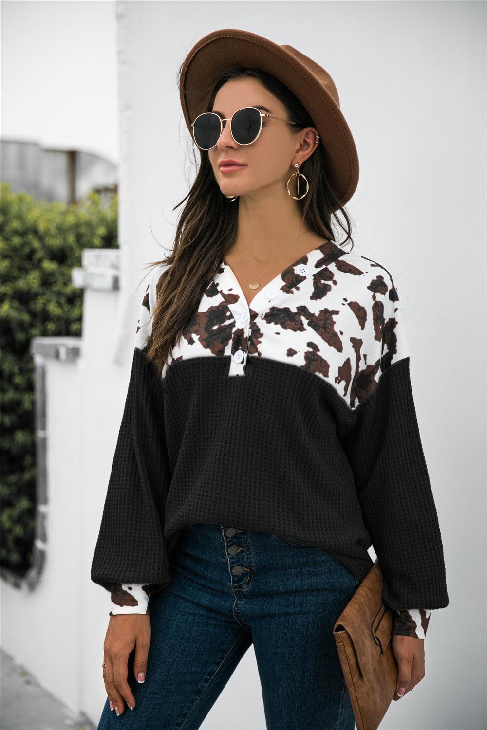 Animal Print Color Block Waffle-Knit Top - BELLATRENDZ