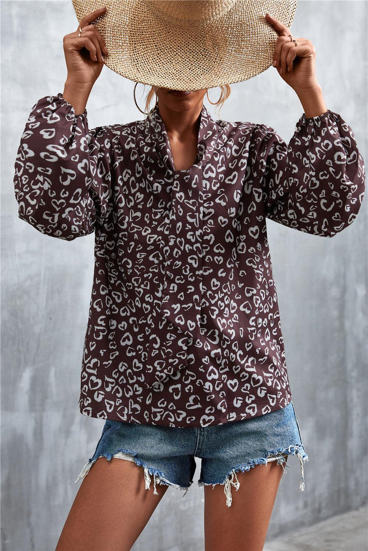 Printed Tie Neck Puff Sleeve Blouse - BELLATRENDZ