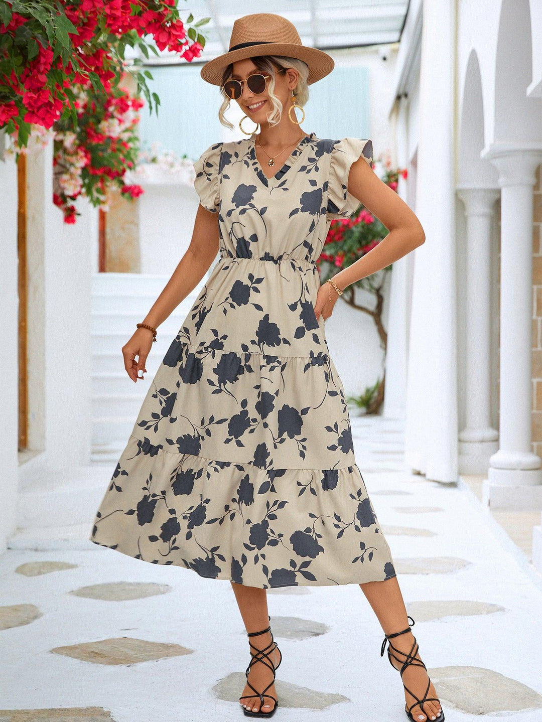 Floral Frill Trim V-Neck Tiered Midi Dress - BELLATRENDZ