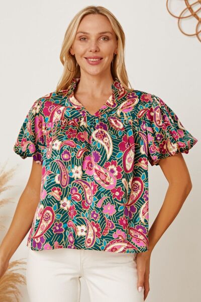 Floral Collared Neck Short Sleeve Blouse