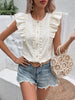 Decorative Button Frill Trim Round Neck Top - BELLATRENDZ