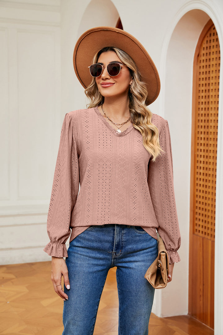 V-Neck Flounce Sleeve Blouse