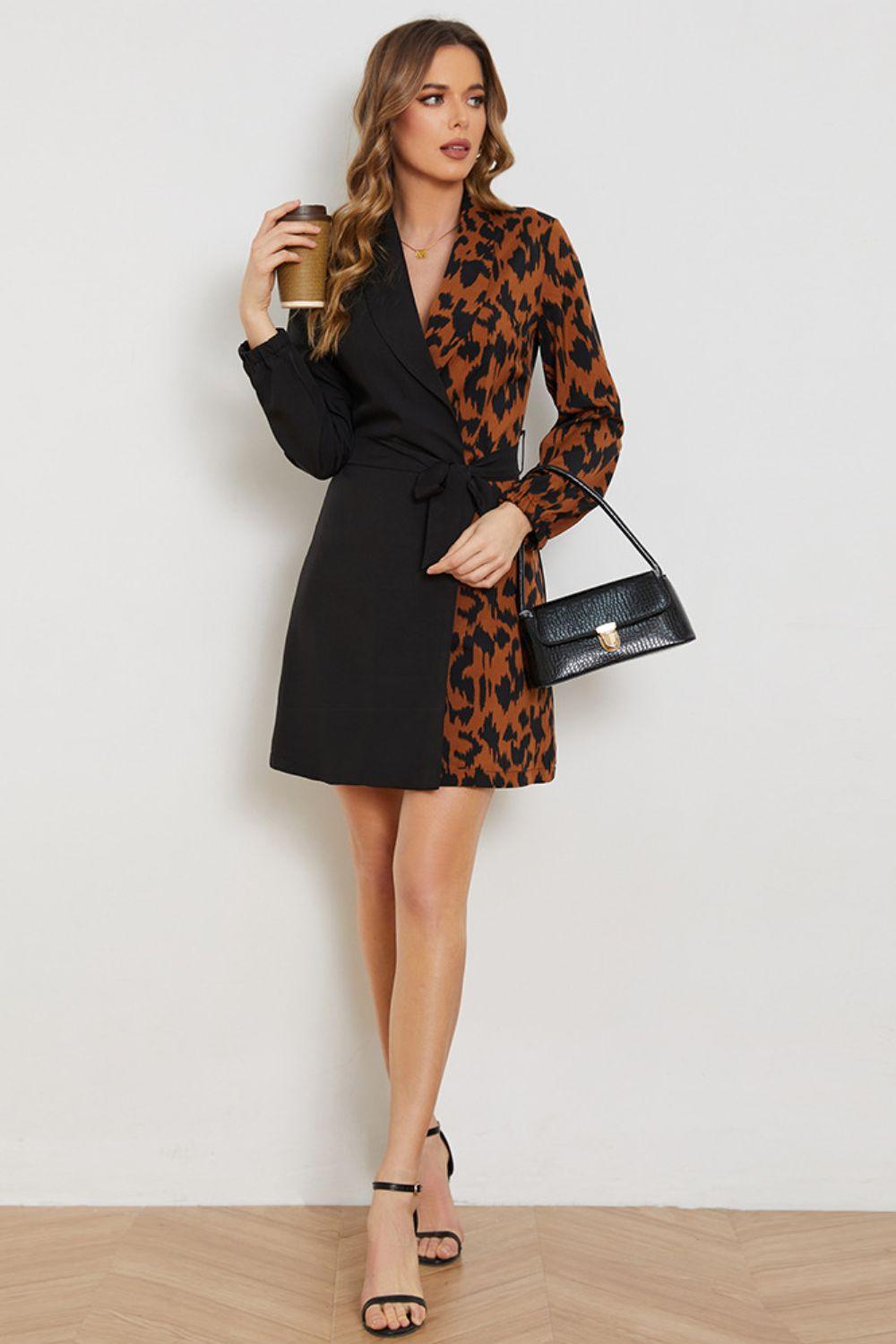 Leopard Color Block Belted Shawl Collar Dress - BELLATRENDZ