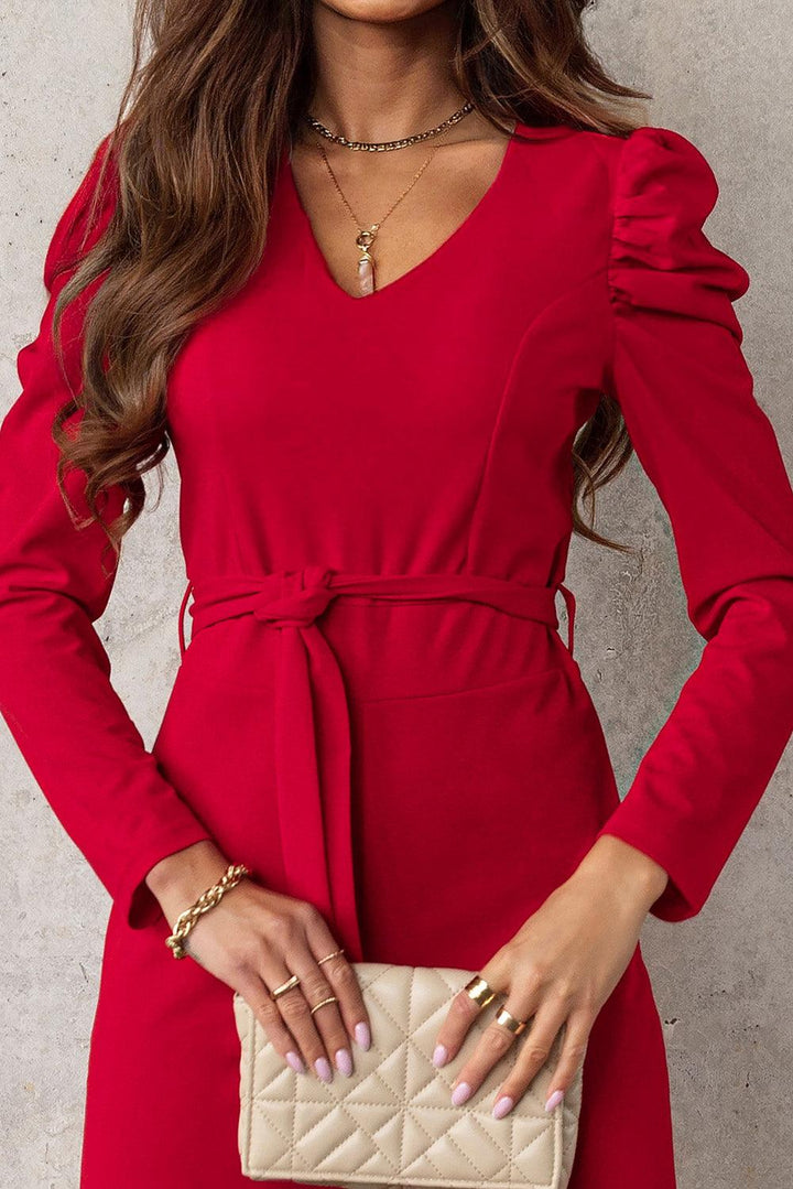 Belted Long Puff Sleeve V-Neck Jumpsuit - BELLATRENDZ