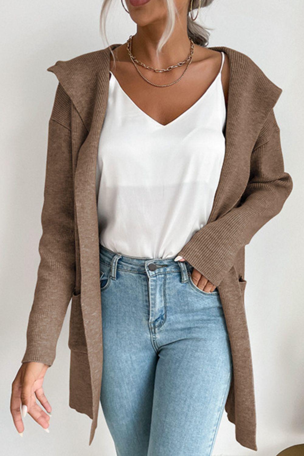 Ribbed Open Front Hooded Cardigan with Pockets - BELLATRENDZ