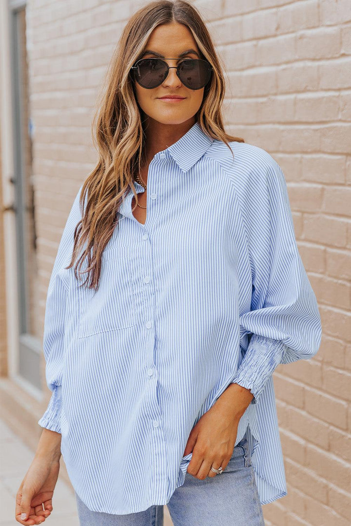 Striped Lantern Sleeve Collared Shirt - BELLATRENDZ