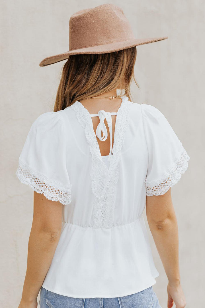 Lace Trim V-Neck Tied Peplum Blouse - BELLATRENDZ