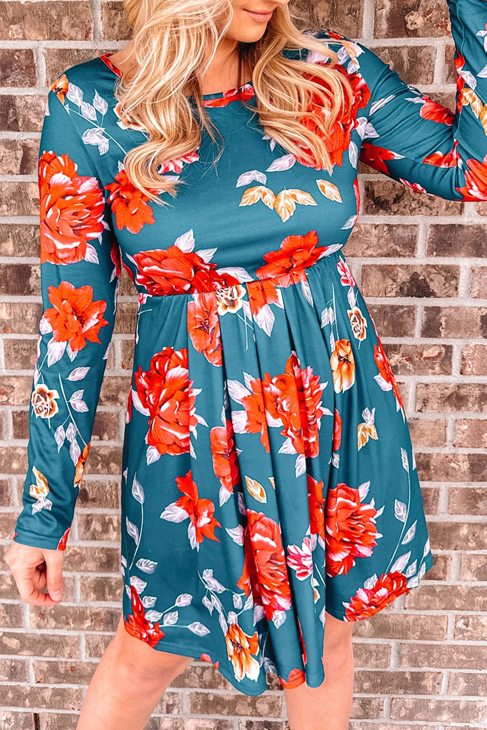 Floral Long Sleeve Pleated Detail Dress