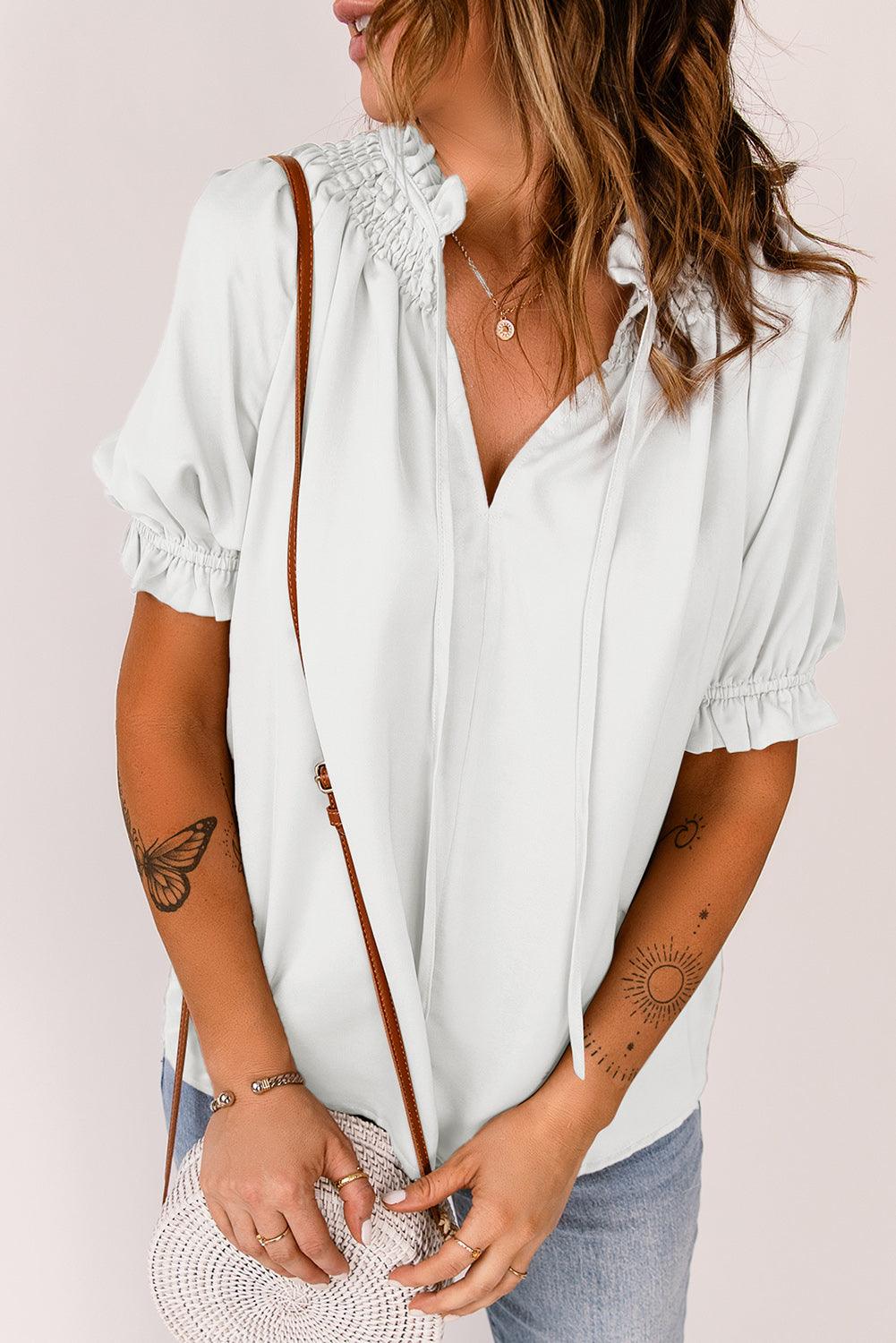 Smocked Frill Trim Flounce Sleeve Blouse - BELLATRENDZ