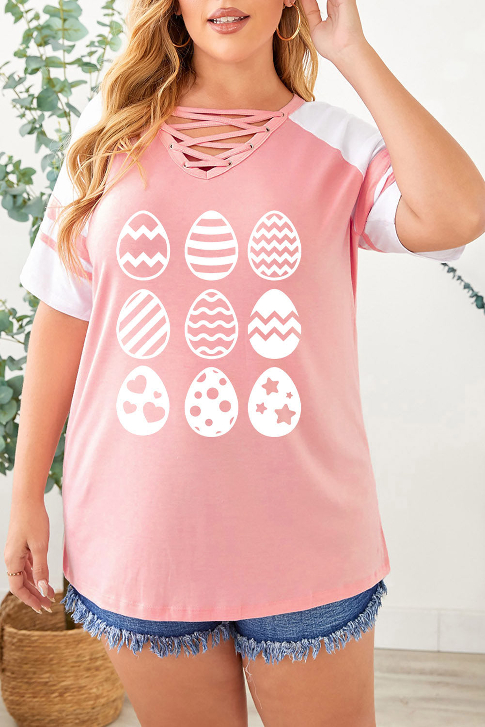 Plus Size Easter Egg Graphic Crisscross Tee Shirt