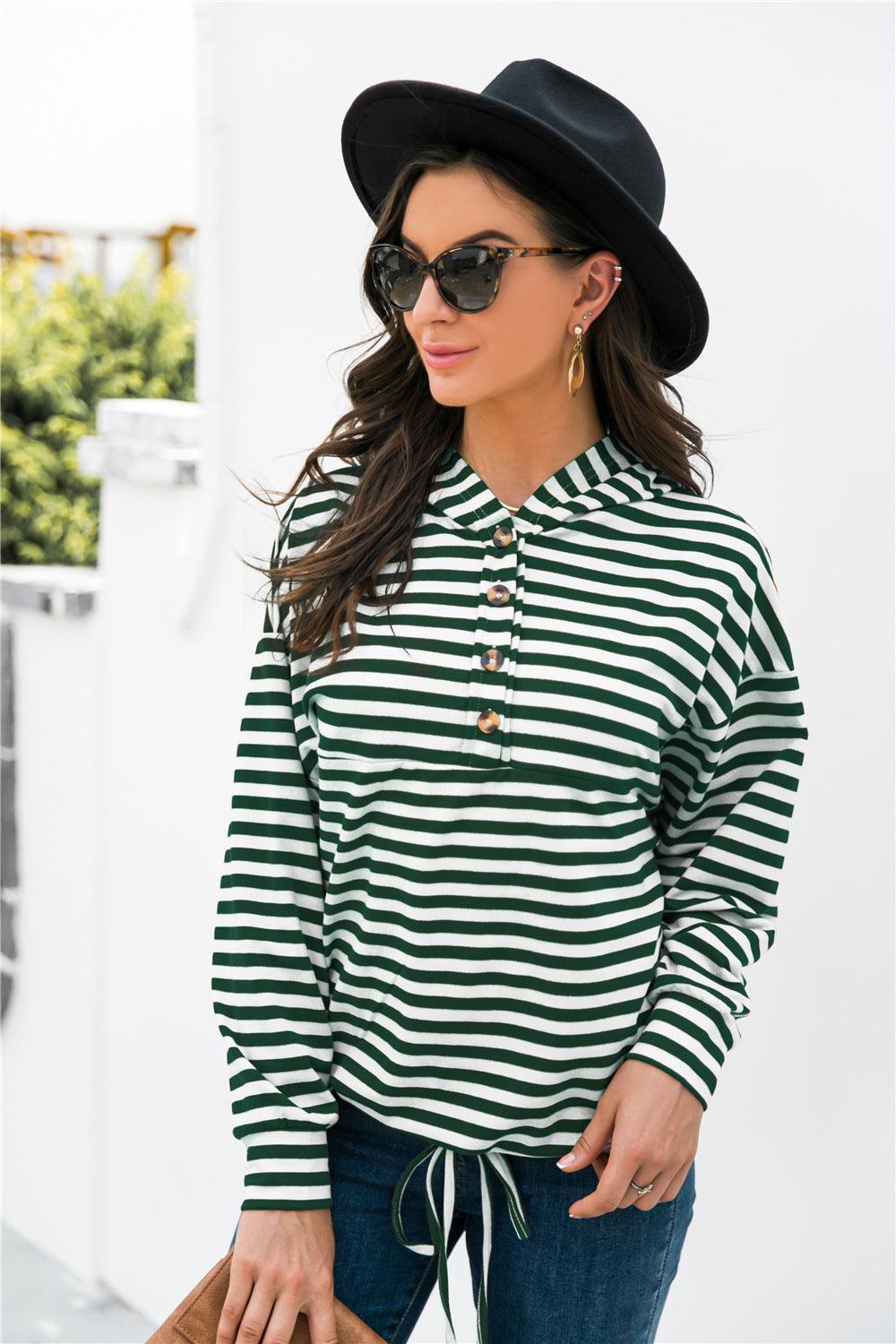 Striped Half-Button Dropped Shoulder Hoodie - BELLATRENDZ