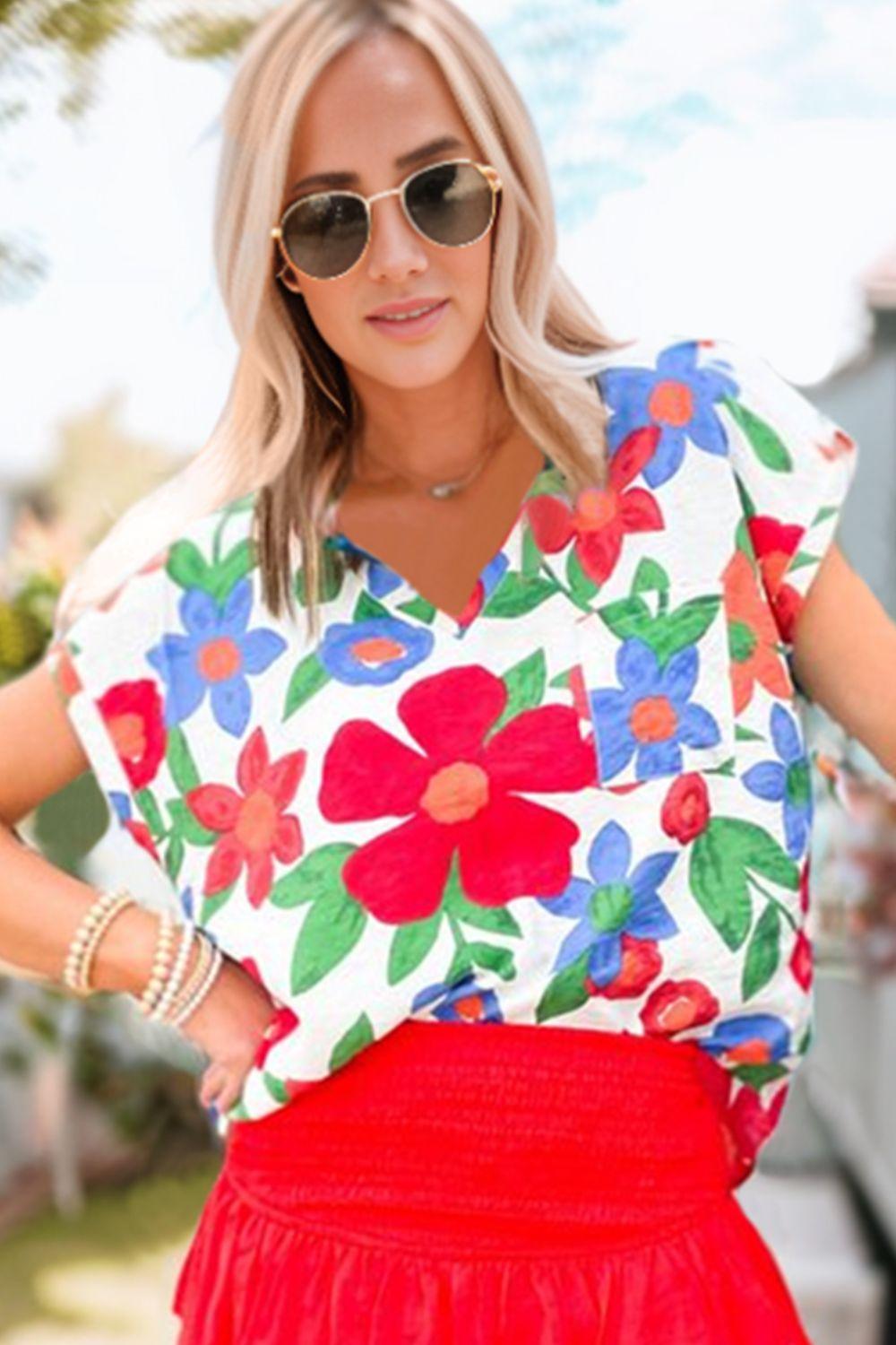 Floral V-Neck Short Sleeve Top - BELLATRENDZ