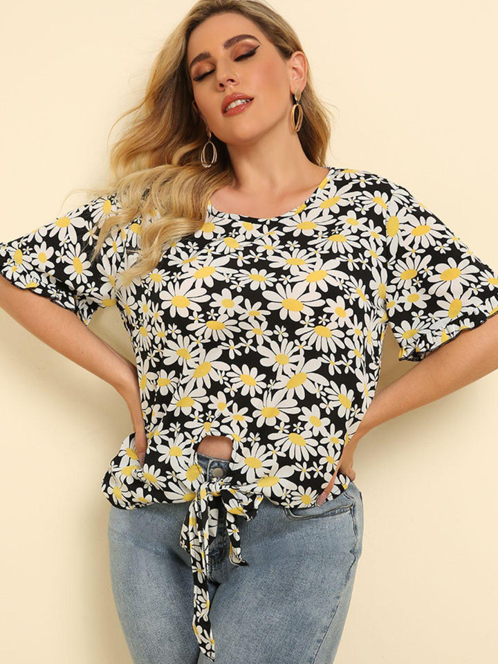 Plus Size Floral Round Neck Tie Hem Blouse - BELLATRENDZ