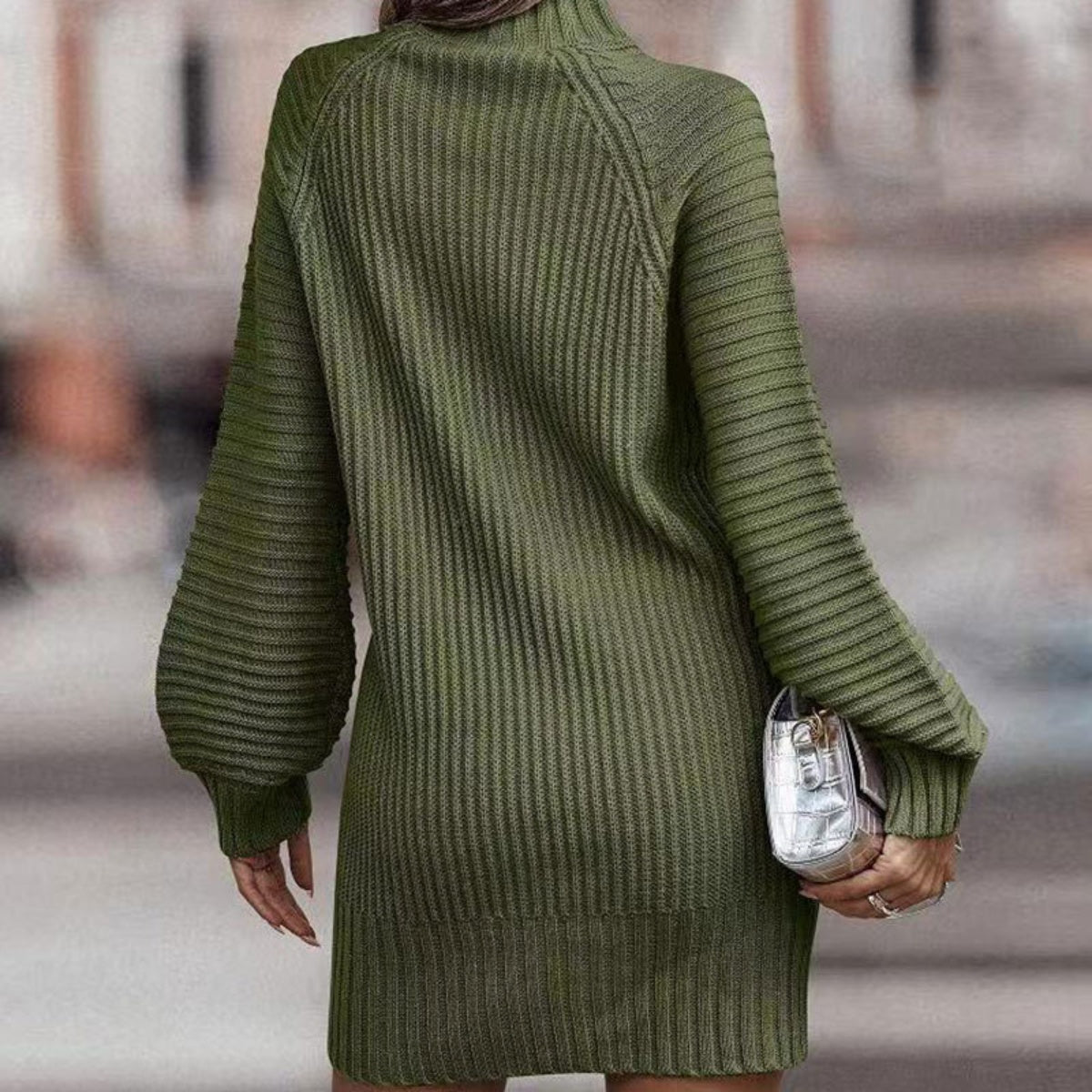 Mock Neck Lantern Sleeve Sweater Dress