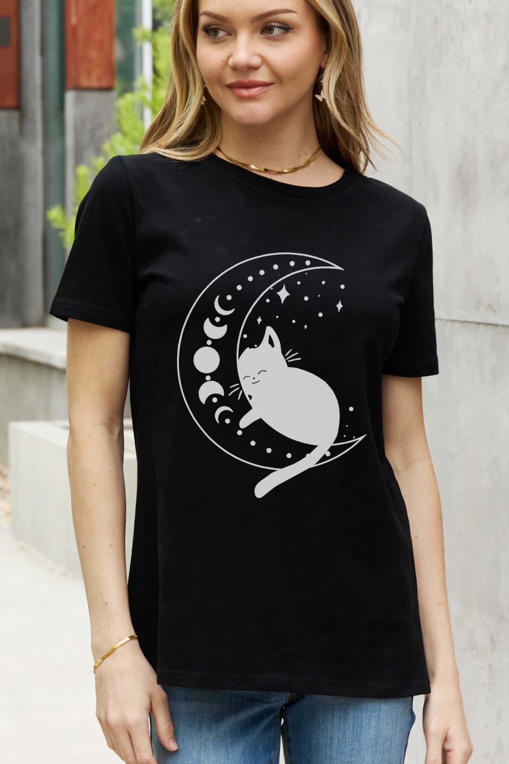 Simply Love Full Size Cat Moon Graphic Cotton Tee
