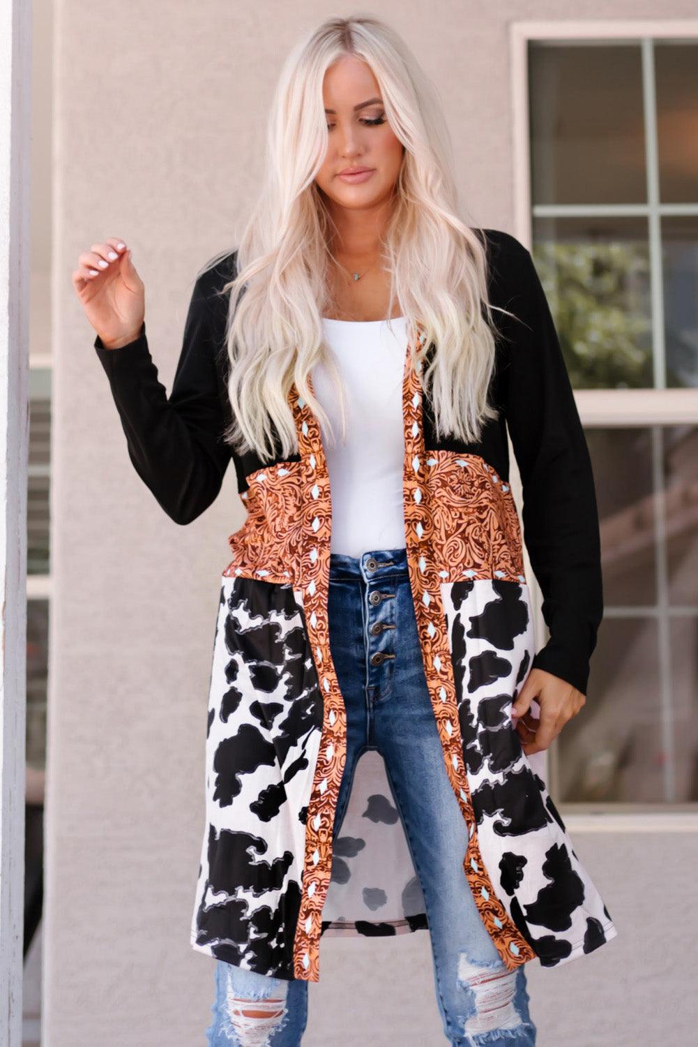 Printed Color Block Open Front Cardigan - BELLATRENDZ