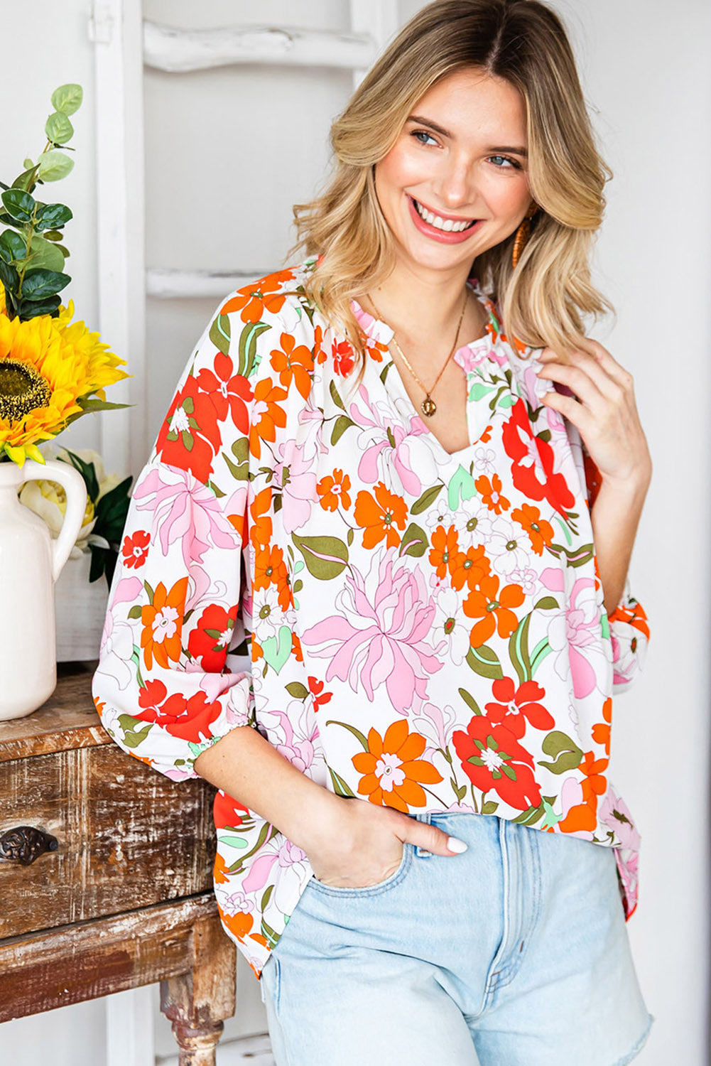 Floral Notched Neck Balloon Sleeve Blouse