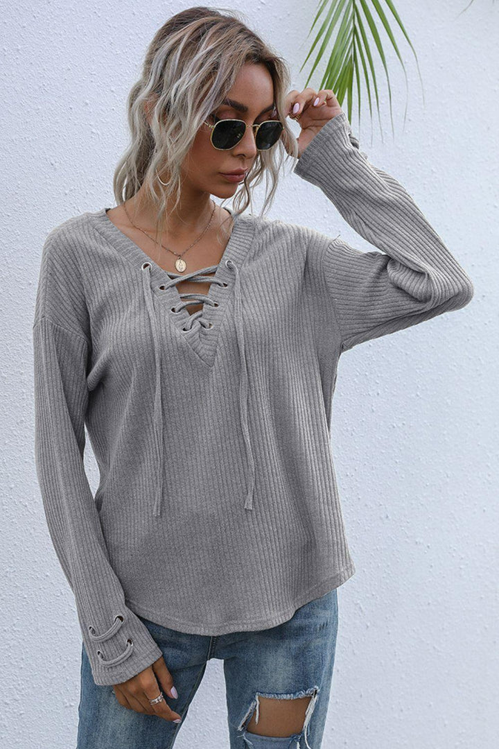 Lace-Up V-Neck Ribbed Top - BELLATRENDZ