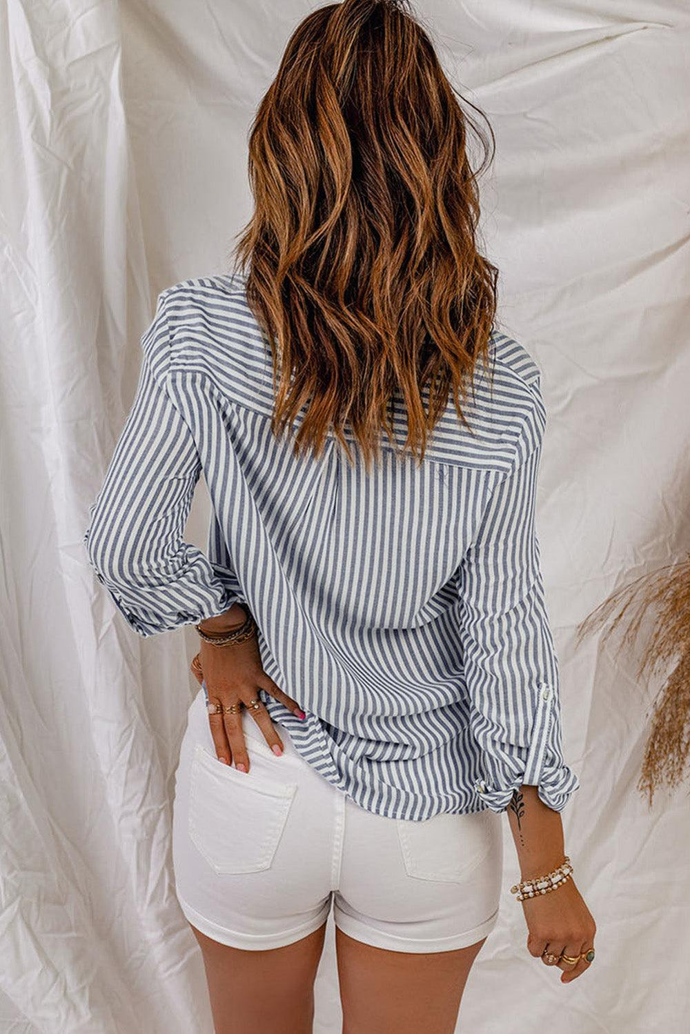 Striped Button-Up Roll-Tab Sleeve Shirt - BELLATRENDZ