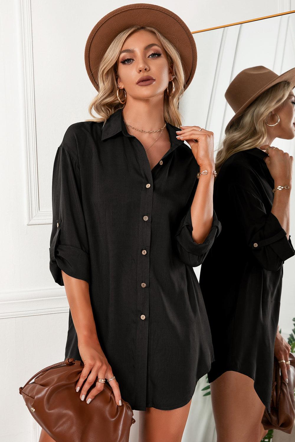 Solid Button Up Drop Shoulder Blouse - BELLATRENDZ