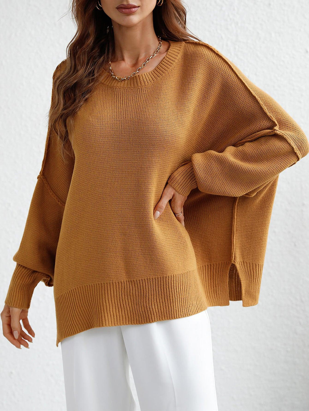 Exposed Seam Dropped Shoulder Slit Sweater - BELLATRENDZ