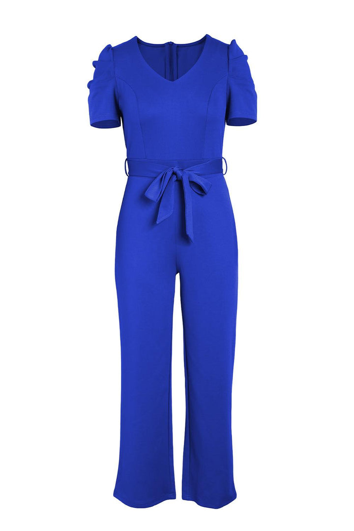 Belted Puff Sleeve V-Neck Jumpsuit - BELLATRENDZ