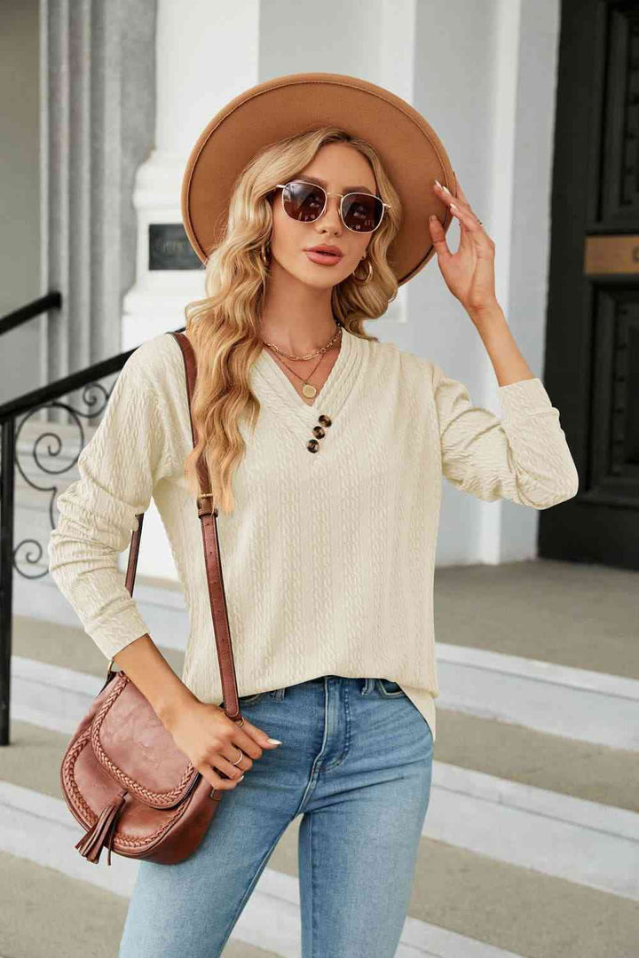 Decorative Button V-Neck Long Sleeve T-Shirt