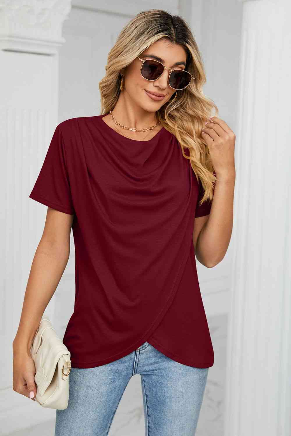 Cowl Neck Tulip Hem T-Shirt