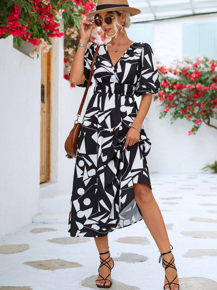 Printed Surplice Balloon Sleeve Dress - BELLATRENDZ