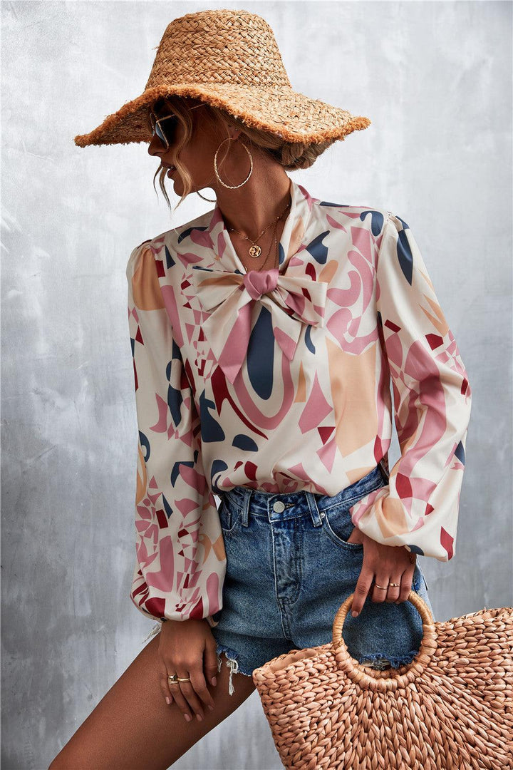 Printed Tie Neck Puff Sleeve Blouse - BELLATRENDZ