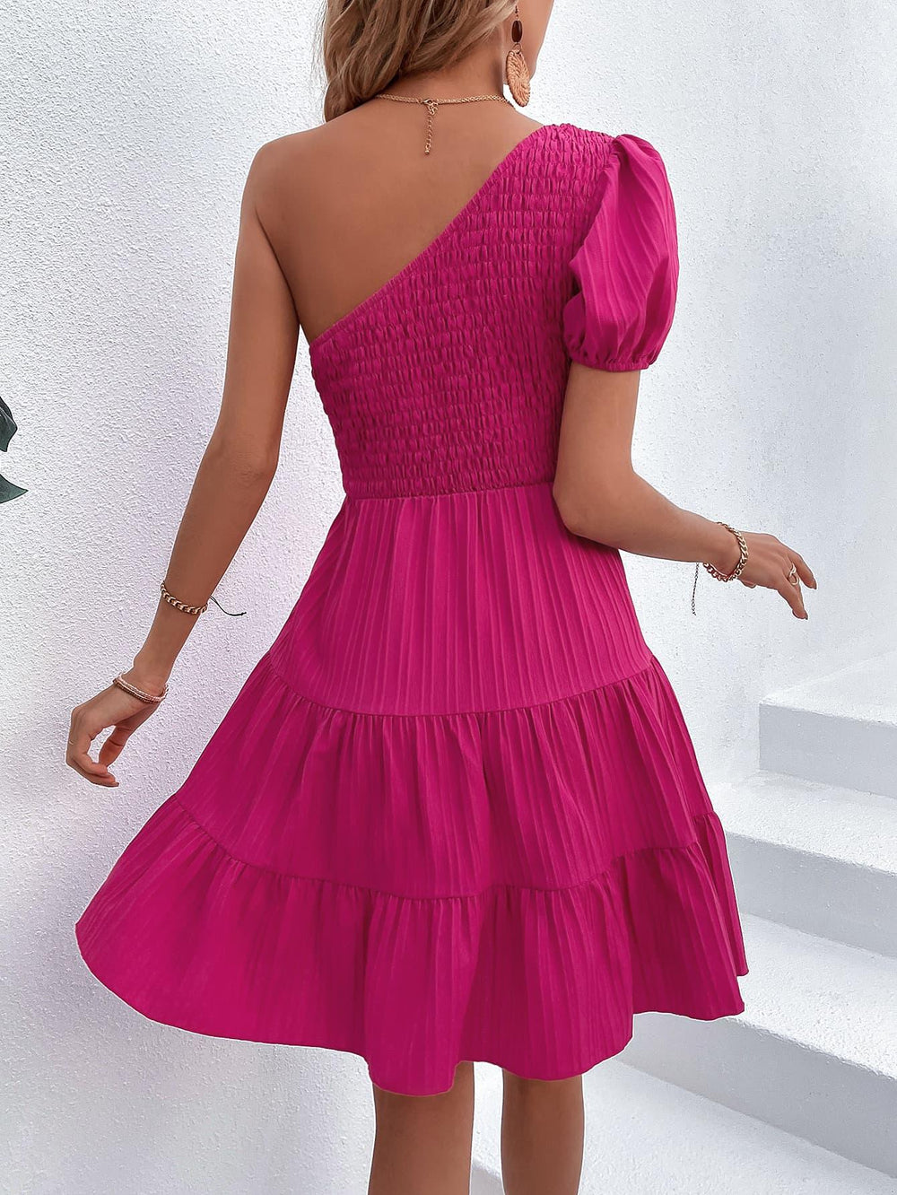 One-Shoulder Smocked Tiered Dress - BELLATRENDZ