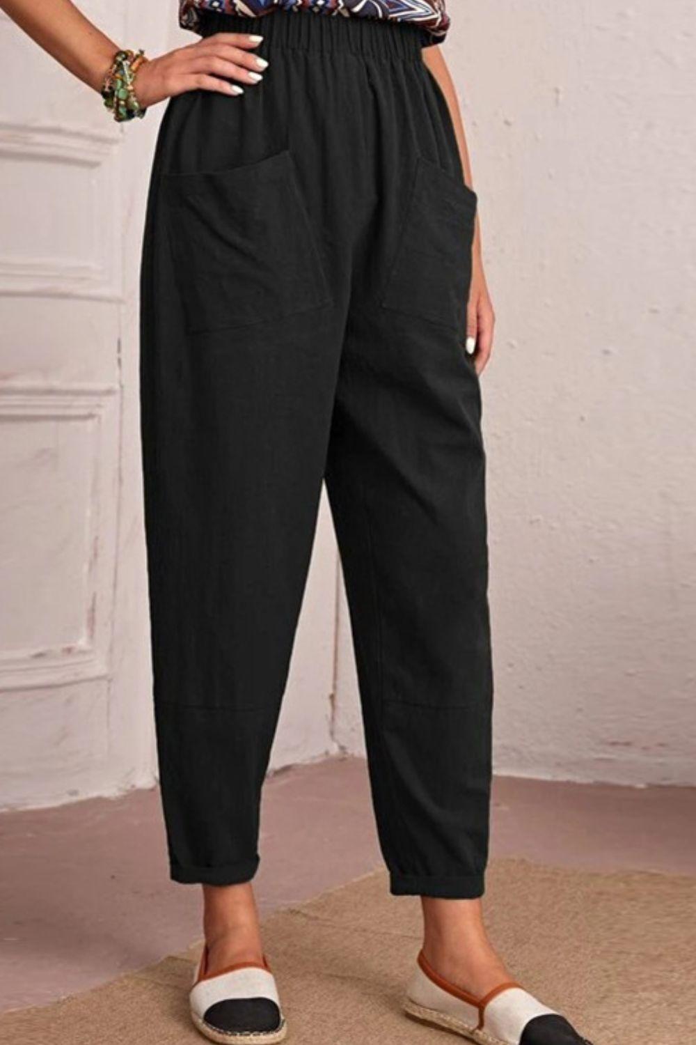 Elastic Waist Pocket Tapered Pants - BELLATRENDZ