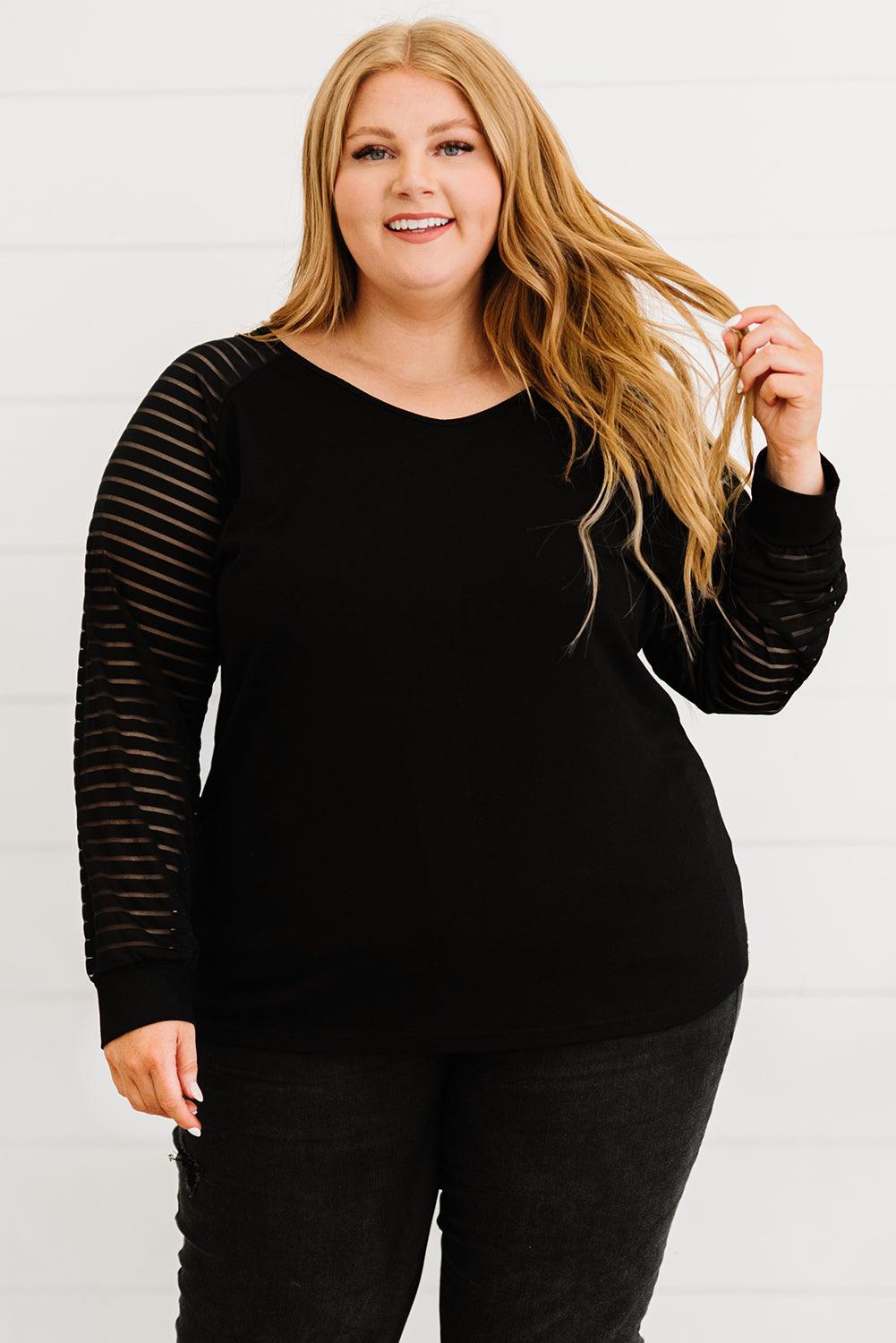 Plus Size Sheer Striped Sleeve V-Neck Top - BELLATRENDZ