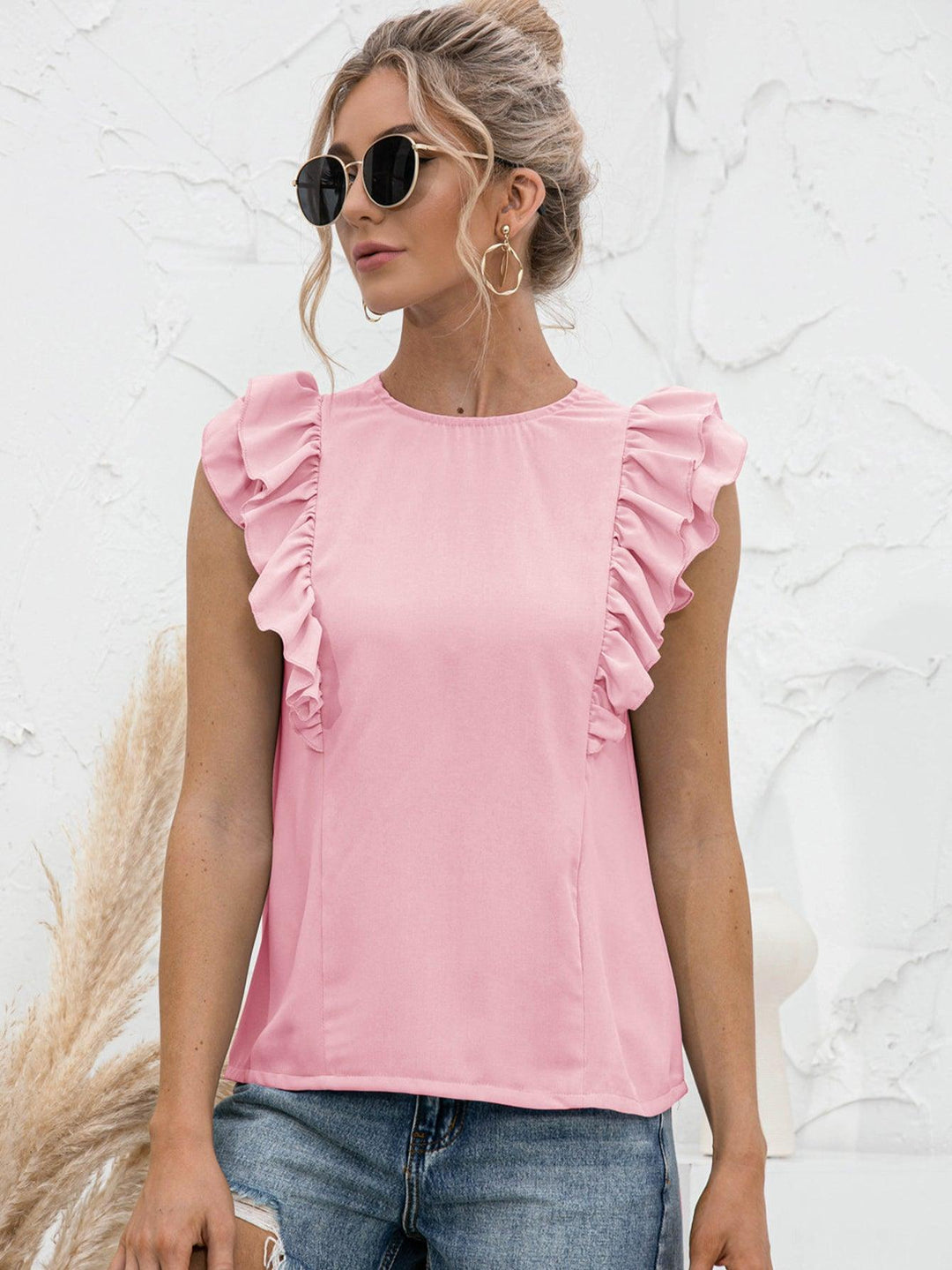 Round Neck Tied Open Back Flutter Sleeve Top - BELLATRENDZ