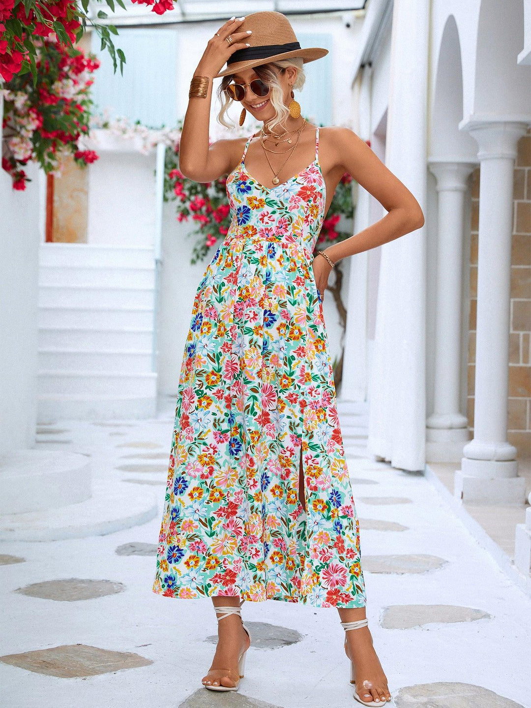 Floral Crisscross Backless Split Dress - BELLATRENDZ