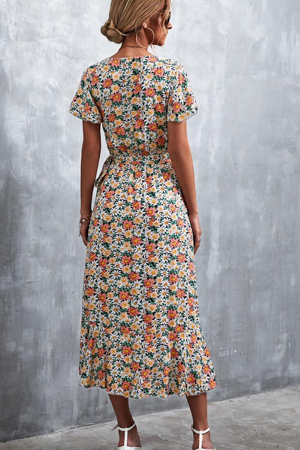 Floral Surplice Neck Tied Midi Dress - BELLATRENDZ