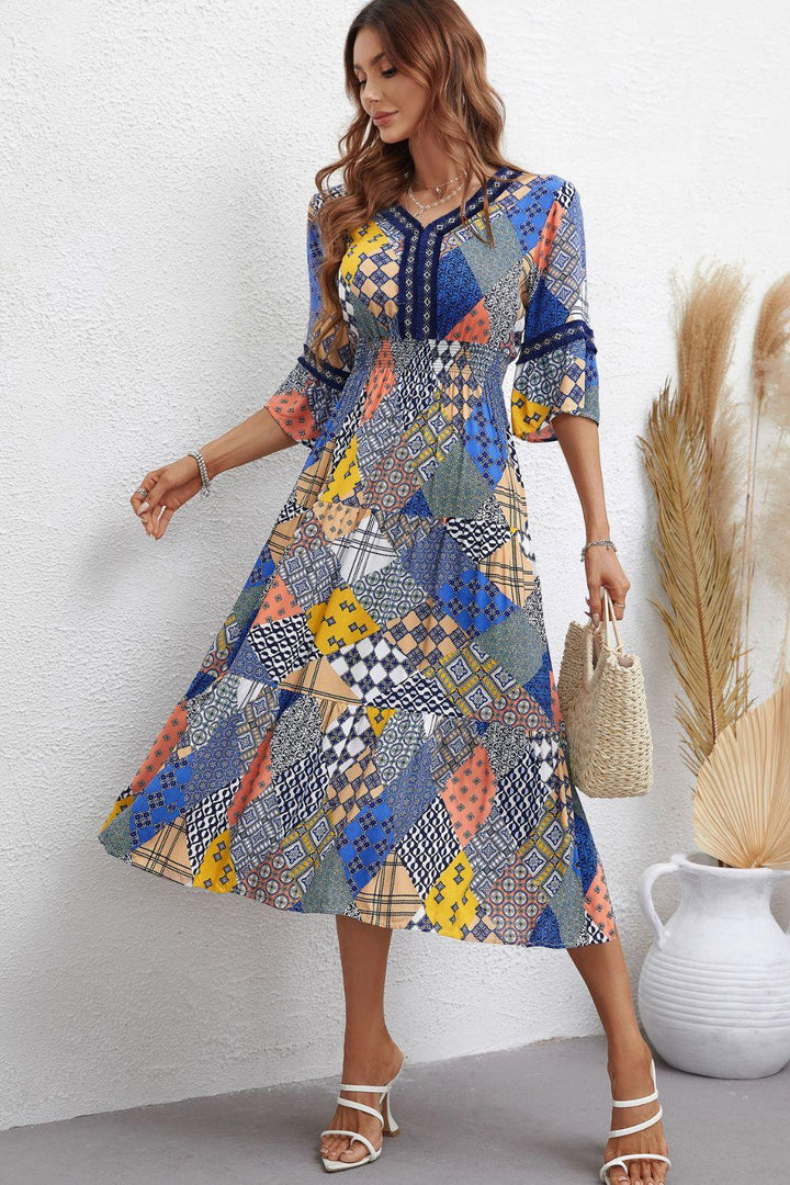 Patchwork V-Neck Tiered Midi Dress - BELLATRENDZ