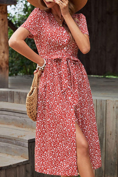 Ditsy Floral Button Front Tied Puff Sleeve Dress