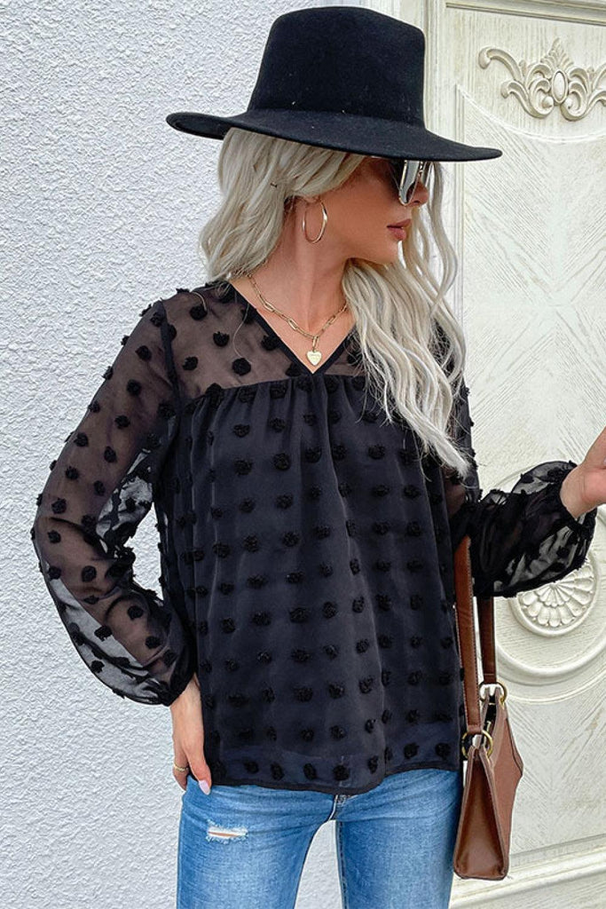 Swiss Dot V-Neck Blouse - BELLATRENDZ